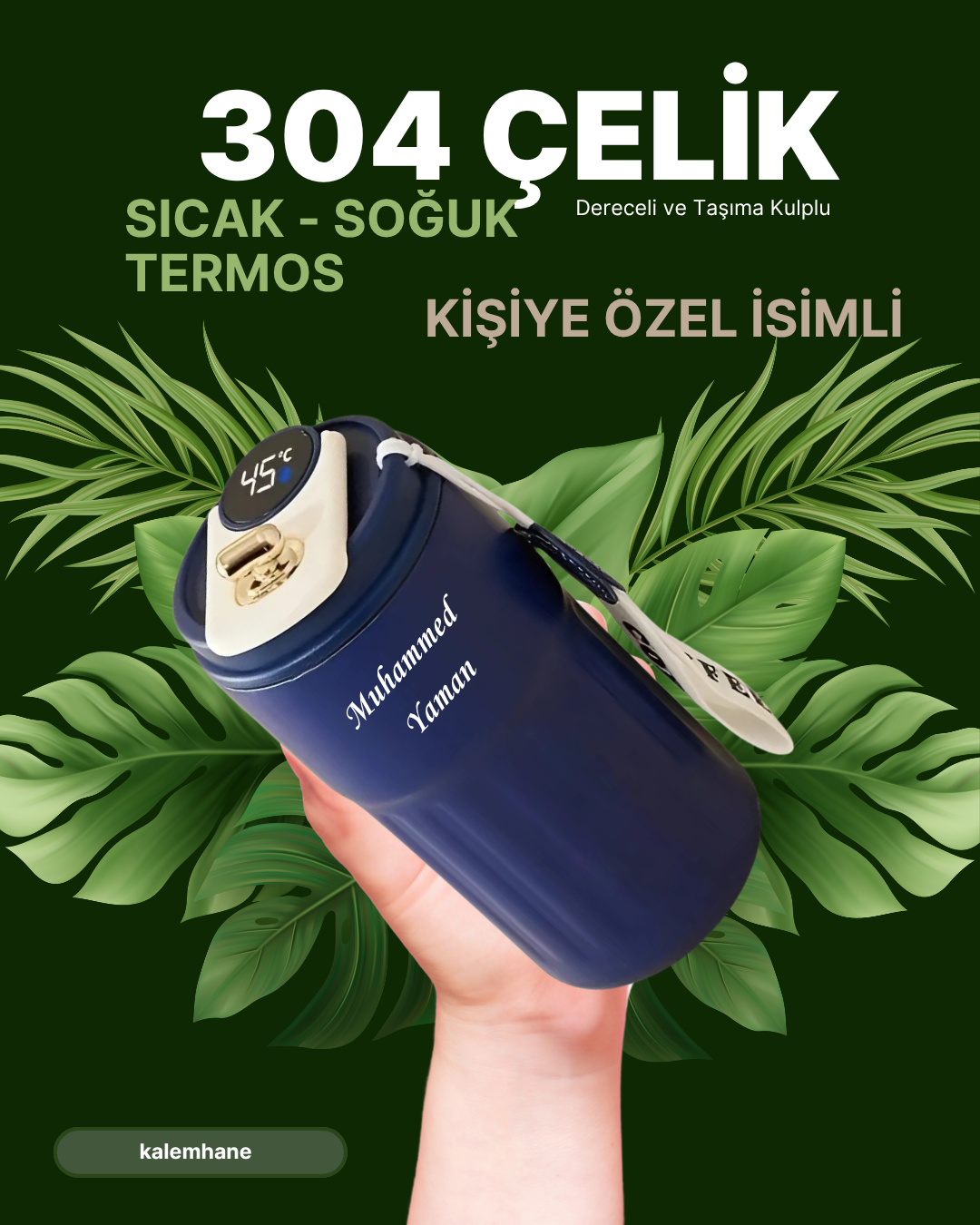 304 Çelik Sıcak - Soğuk Kişiye Özel Termos Mavi Dijital Derece Göstergeli 500 ml