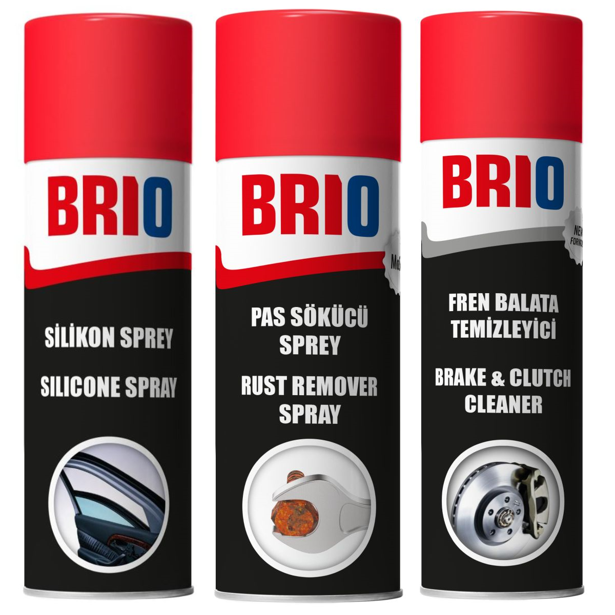 Brio Güçlü Pas Sökücü Mos2 Sprey 400 Ml + Brio Silikon Sprey 400 Ml + Brio Fren Balata Temizleyici Sprey 500 Ml