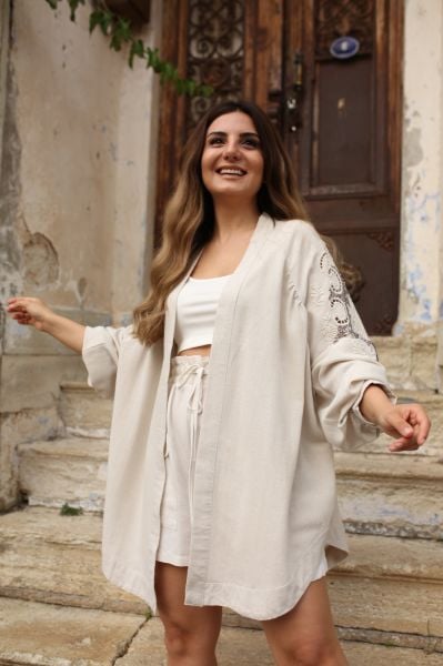 Natural Nakışlı Kaftan