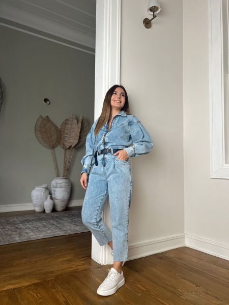 Yıkamalı Fermuarlı Denim Tulum