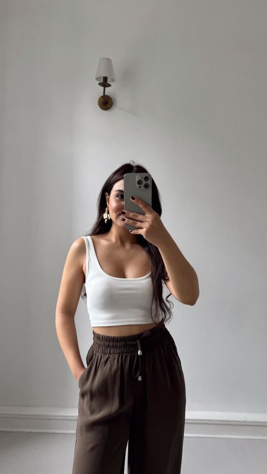Ekru Askılı Jarse Crop