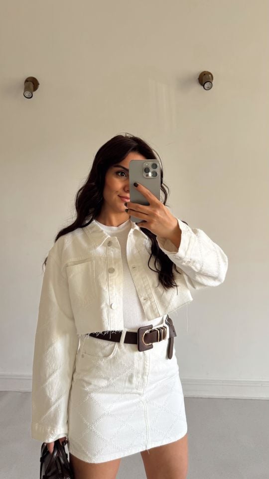 Desenli Crop Denim Ceket