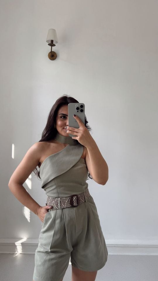 Tek Omuz Keten Crop Haki