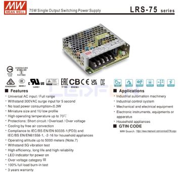 Mean Well 12V 6 Amper 75W Güç Kaynağı LRS-75-12