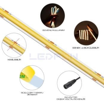 24V 10W 480Led İç Mekan 3000K Cob Şerit Led