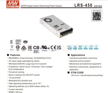Mean Well 12V 37.5 Amper 450W Güç Kaynağı LRS-450-12