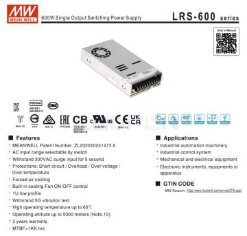 Mean Well 12V 50 Amper 600W Güç Kaynağı LRS-600-12