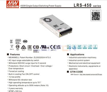 Mean Well 24V 18.8 Amper 450W Güç Kaynağı LRS-450-24