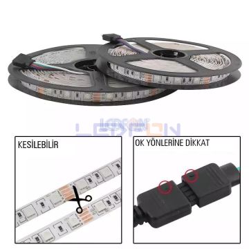 12V 3 Çip 120Led Silikonsuz RGB Şerit Led