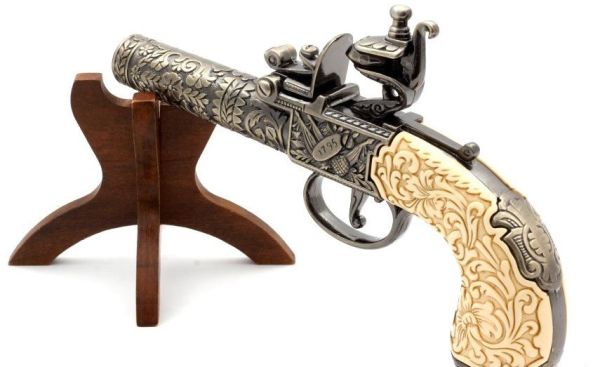 Biblo Metal ve Kemik  Ofis ürünü Süs Flintlock Pocket Pistol  London  1795 Replika Tabanca