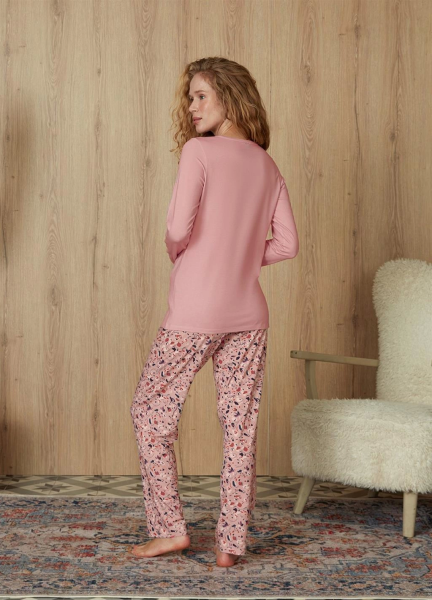 Doreanse 4264 Kadın Pembe Ebru Desenli T-Shirt Pijama Takım