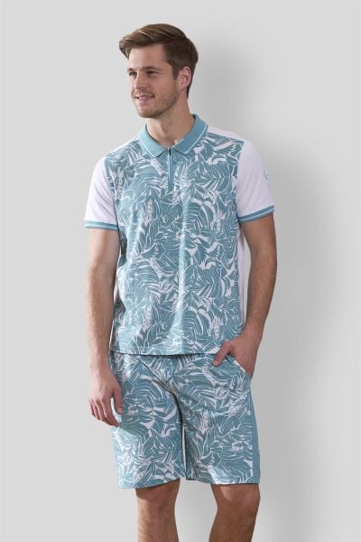 Doreanse 4562 Erkek Mavi Palmiye Desenli Polo Yaka %100 Pamuklu Şort T-Shirt Pijama Takımı