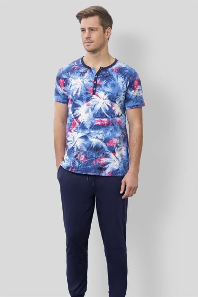 Doreanse 4572 Erkek Mavi Çok Renkli Desenli T-Shirt Pijama Takımı