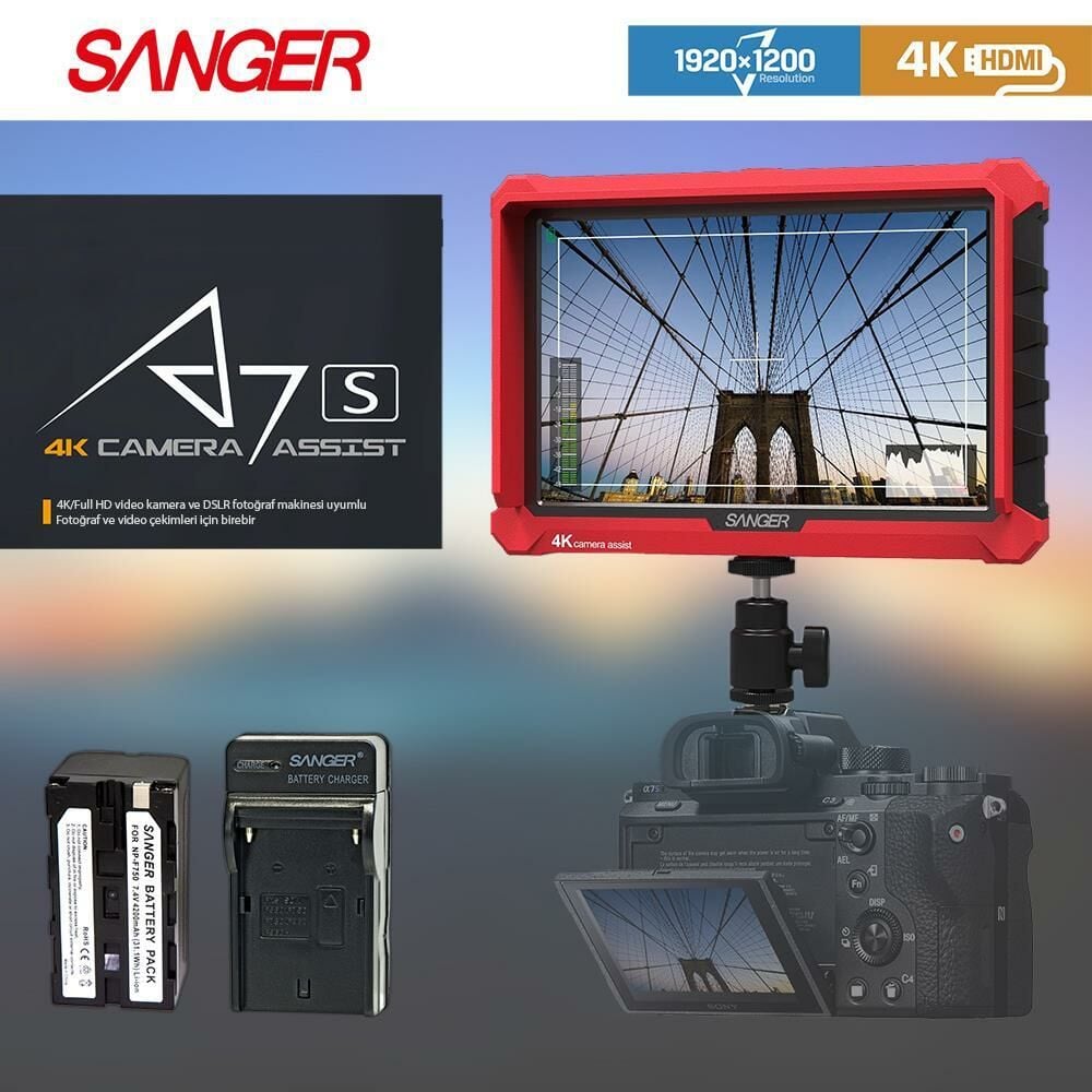 Sanger A7S Full HD 7'' IPS Kamera Monitör + F570 Batarya + Şarj Kit