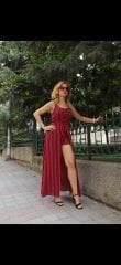 KIRMIZI SİYAH TULUM ELBİSE