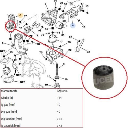 SAĞ MOTOR KULAK BURCU (ASKİSİN GEÇTİĞİ) XANTIA-4061994-1999 1.8 8V-1.8 16V-2.0-2.0T (DIS CAP:40 IC CAP:10 )