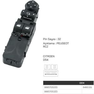 CAM ACMA KUMANDA DÜĞMESİ SOL CIFTLI DS4-RCZ 6490.SQ-96657053ZD-96657052ZD