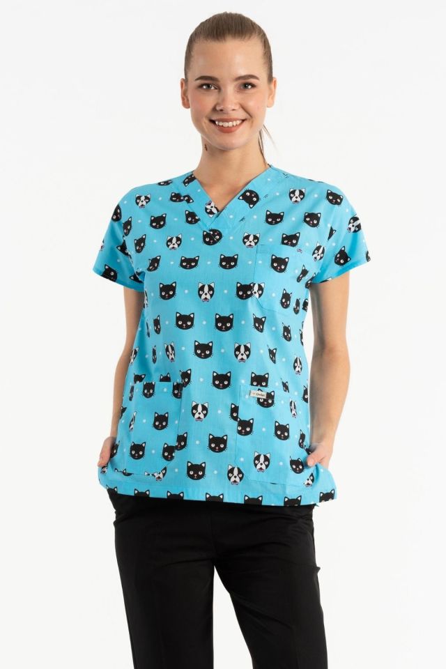 Top Black Bottom Pattern Blue Cat Combi Team