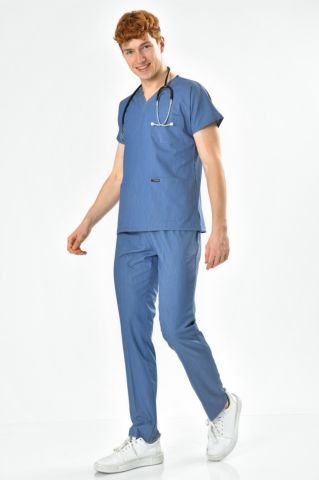 Likralı Kot Görünümlü Mavi Cerrahi Forma Takım