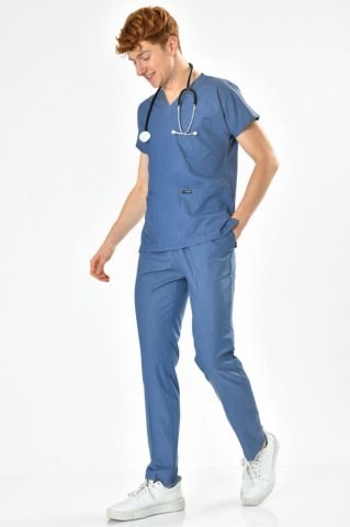 Likralı Kot Görünümlü Mavi Cerrahi Forma Takım