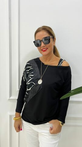 Askılı Kadın Zebra Desen Siyah Bluz