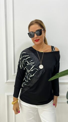 Askılı Kadın Zebra Desen Siyah Bluz