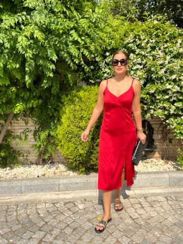 Cossa Kadın Kırmızı Saten Elbise