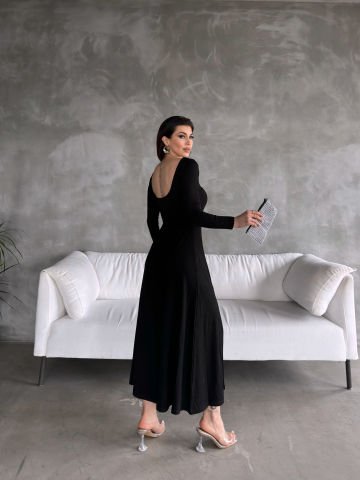Karren Siyah Uzun Kollu Önü Yırtmaç Elbise