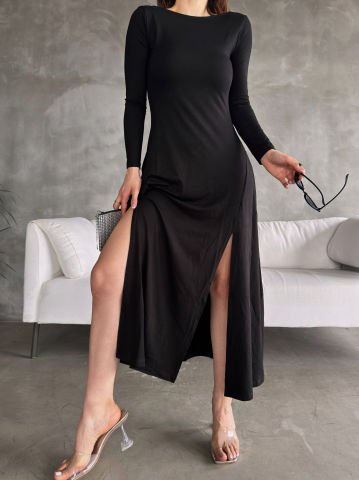 Karren Siyah Uzun Kollu Önü Yırtmaç Elbise