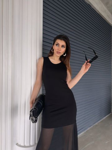 Devo Kadın Eteği Tül Siyah Kolsuz Elbise