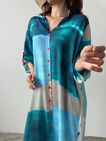 Ramos Batik Desen Mavi Elbise
