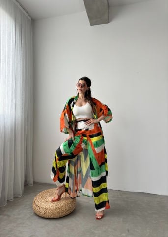 Whisper Turuncu Desenli Kimono Takım