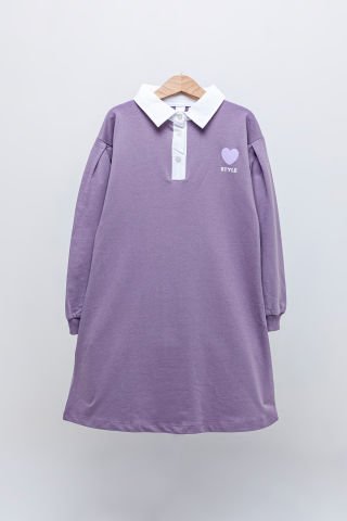 6-9 Yaş Kız Çocuk Düğmeli Yaka Detaylı Küçük Kalp Baskılı Elbise- 603