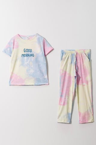 Tuffy Batik Renk Detaylı Good Morning Baskılı Kız Çocuk İkili Pijama Takımı-1103
