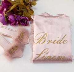 Kişiye Özel Bride Terlik ve Tüylü Sabahlık Set Pudra
