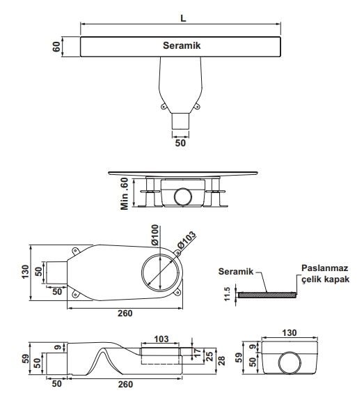 Hafele Pureflow Duş Kanalı Yatay 600mm Parlak Rose
