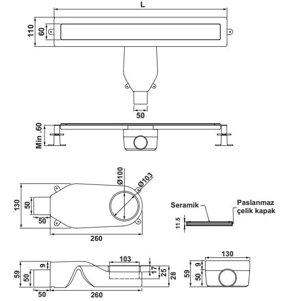 Hafele Proline Duş Kanalı Yatay 600mm Altın