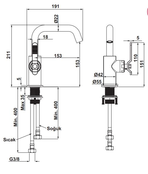 Hafele Loft Lavabo Bataryası Titanyum