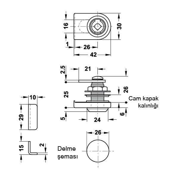 Hafele Symo Cam Kapak Döner Dilli Sol Kilit, Nikel Kaplama