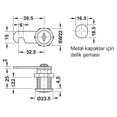 Hafele Econo Döner Kanca Dilli Kilit, Kapak Kalınlığı 22mm