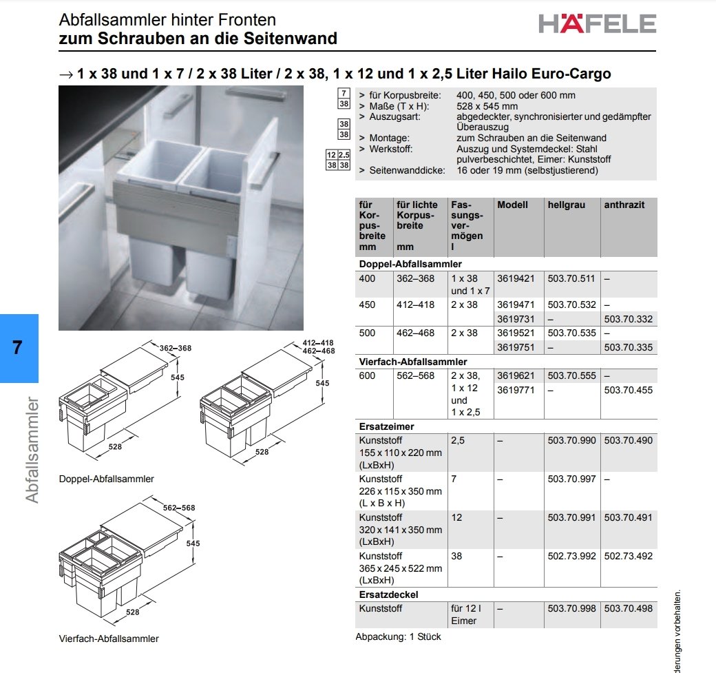 Hafele Euro Cargo Double Raylı çöp Kutusu Seti. Gri,90lt