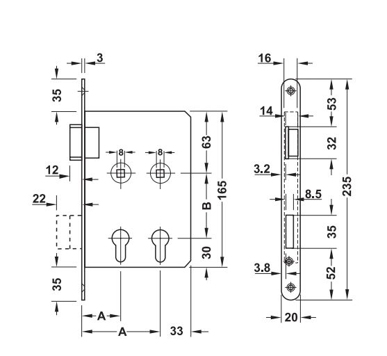 Hafele H80.02 çift Barelli Gömme Kilit Paslanmaz çelik 40/80/20mm Din Sol
