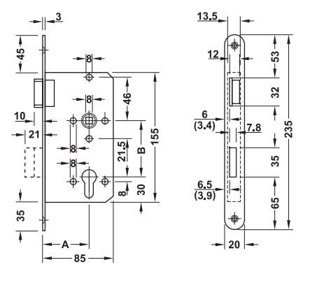 Hafele H55.10 Barelli Tip Gömme Kapı Kilidi Paslanmaz çelik 55/20/72mm Din Sol