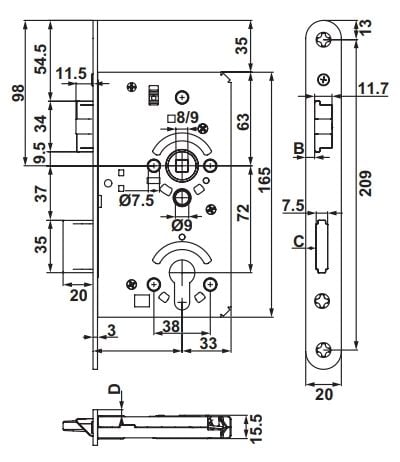 Hafele H100.01 Barelli Tip Gömme Kapı Kilidi Paslanmaz çelik 100/20/72mm Din Sol
