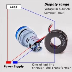 Dijital Voltmetre-Ampermetre Yuvarlak AC 60-500V 0-100A Kırmızı 22mm