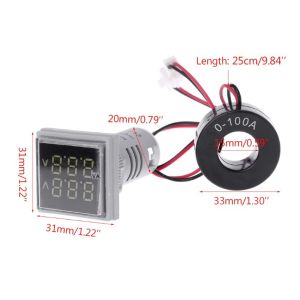 22mm Dijital Voltmetre Ampermetre Kare AC 60- 500V 0-100A Kırmızı