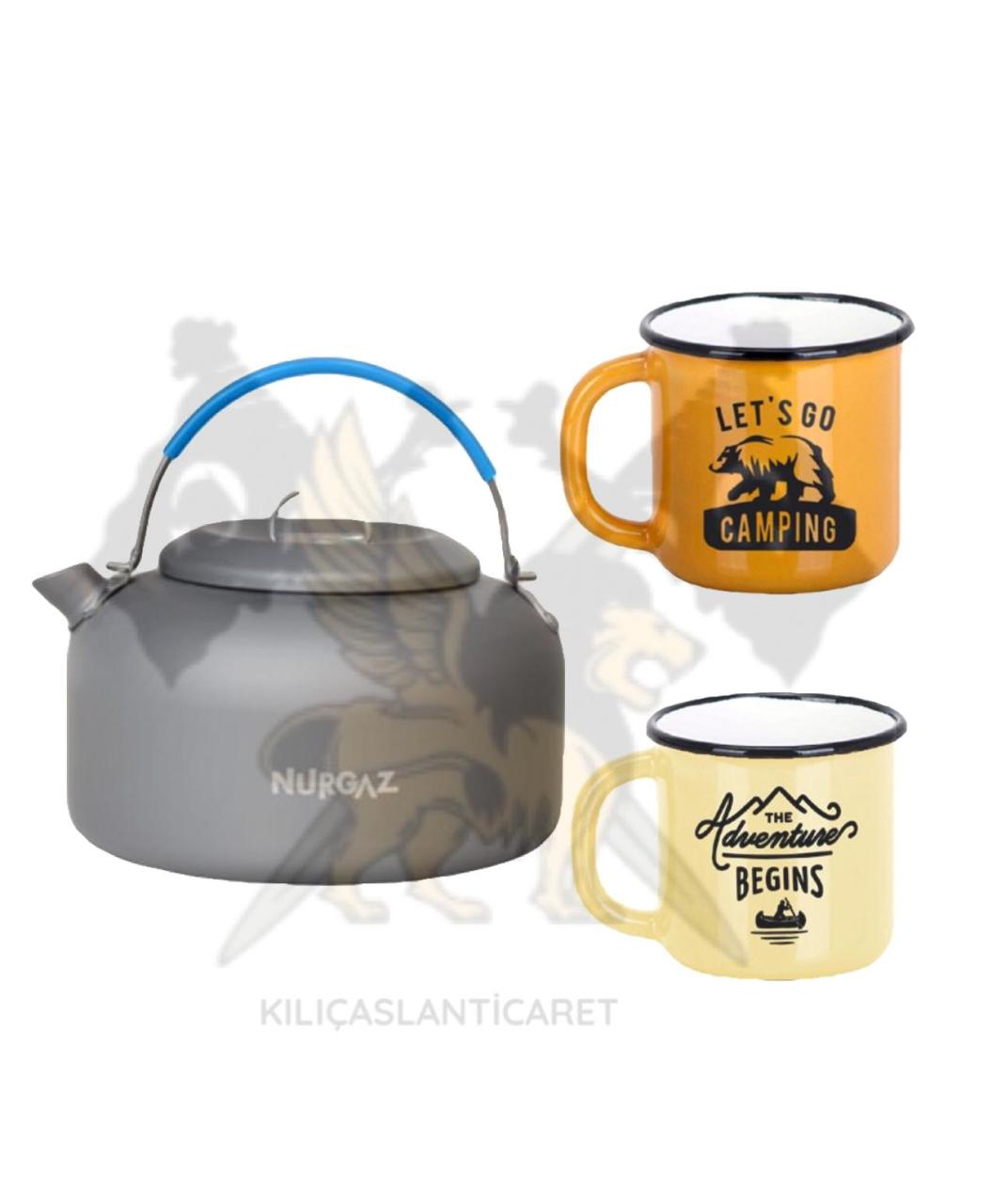 NURGAZ KLASİK ÇAYDANLIK VE 2 ADET EMAYE KUPA SET