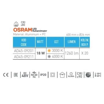 ACK AD45-09211 18 Watt 60 cm OSRAM LED Magnet Armatür - Ilık Beyaz (4000K)