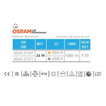 ACK AD45-01301 24 Watt 61 cm OSRAM LED Magnet Armatür - Gün Işığı (3000K)