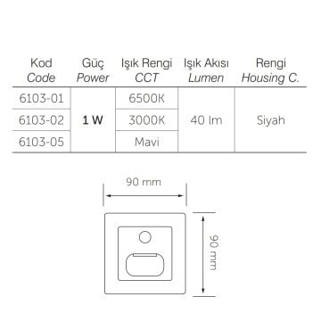 inoled 6103-02 1 Watt Sensörlü Siyah Kare LED Merdiven Armatürü - Gün Işığı (3000K)